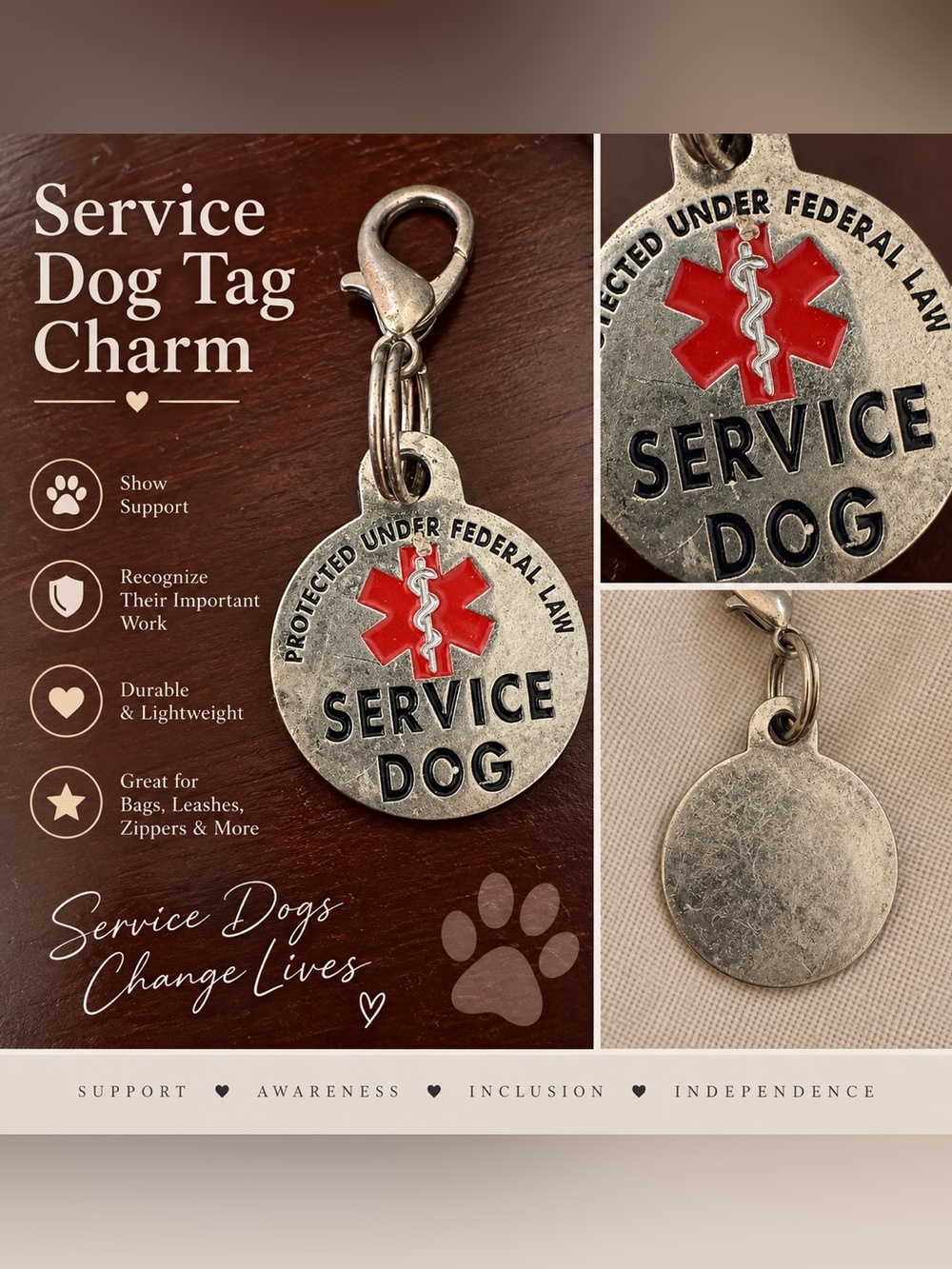 Service Dog Tag Charm - Silver with Red Emblem